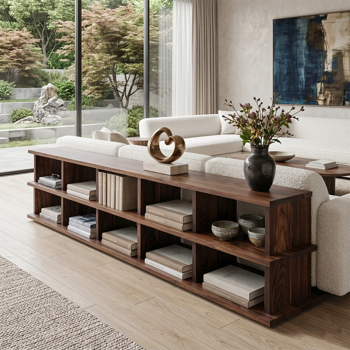 Low Profile Open Bookshelf | Long Modern Bookcase with Multi-Cubby Storage HG021-7BZB7HG