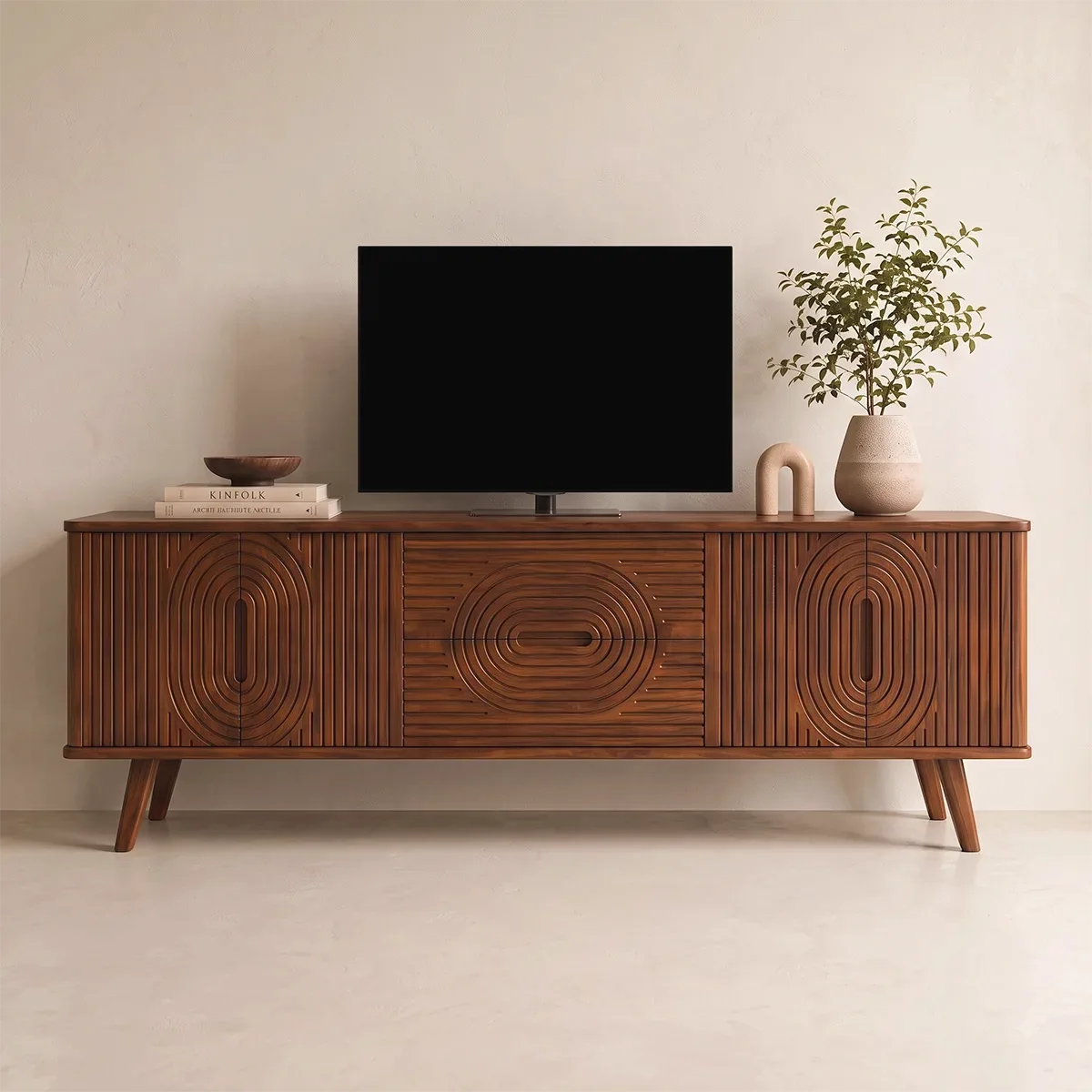 Geometric Fluted Wood TV Stand with Drawers & Cabinets | Mid-Century Media Console HG021-7RAV5YV