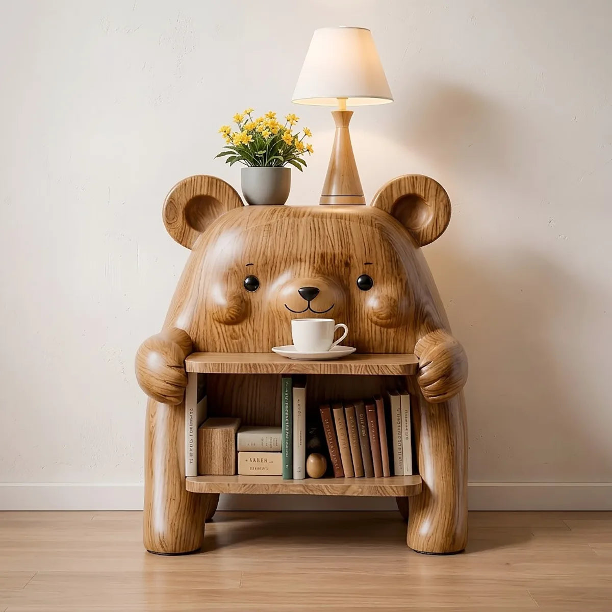 Whimsical Solid Wood Bear Side Table with Bookshelf for Kids’ Rooms & Cozy Homes HG021-4308