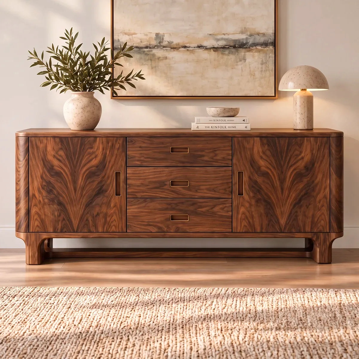 Modern Sideboard with 3 Drawers and 2 Cabinets | Rounded Storage Buffet with Interior Shelves HG021-6UVE8HY