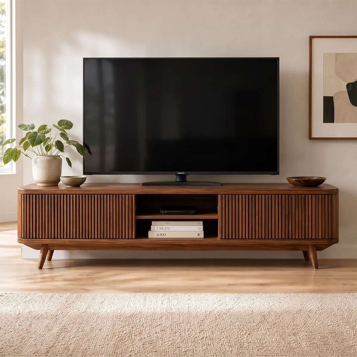 Fluted Wood TV Stand with Open Shelves | Modern Media Console HG021-8DUV7FV