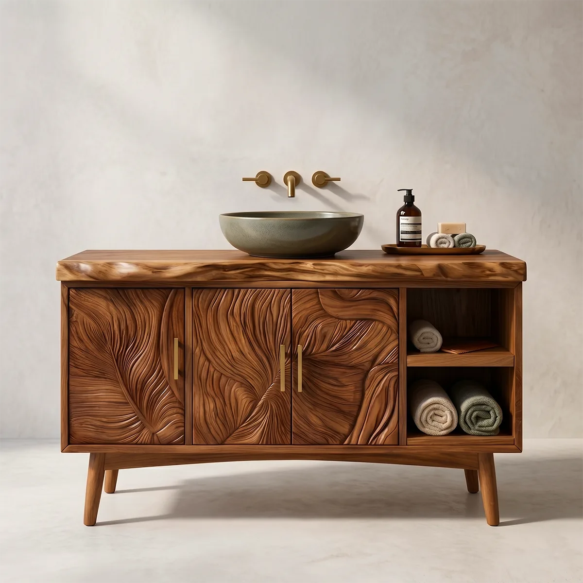 Tropical Modern Bathroom Vanity with Hand-Carved Doors and Open Storage HG021-1910