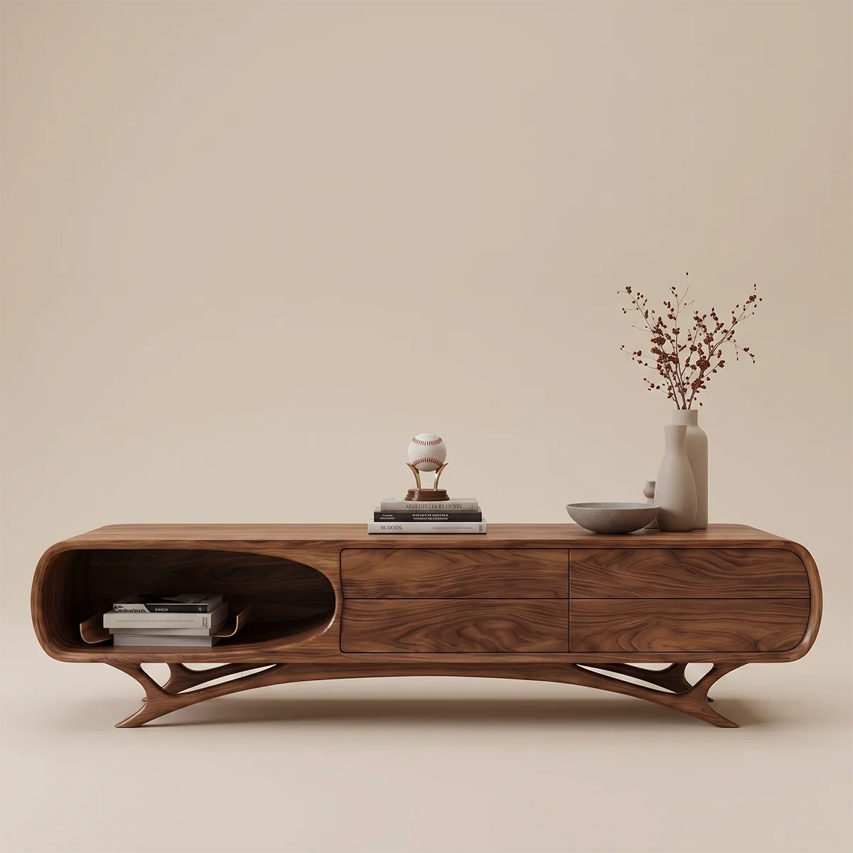 Curved Wood TV Stand with Drawers & Open Shelf | Modern Media Cabinet HG021-3QWT2KN