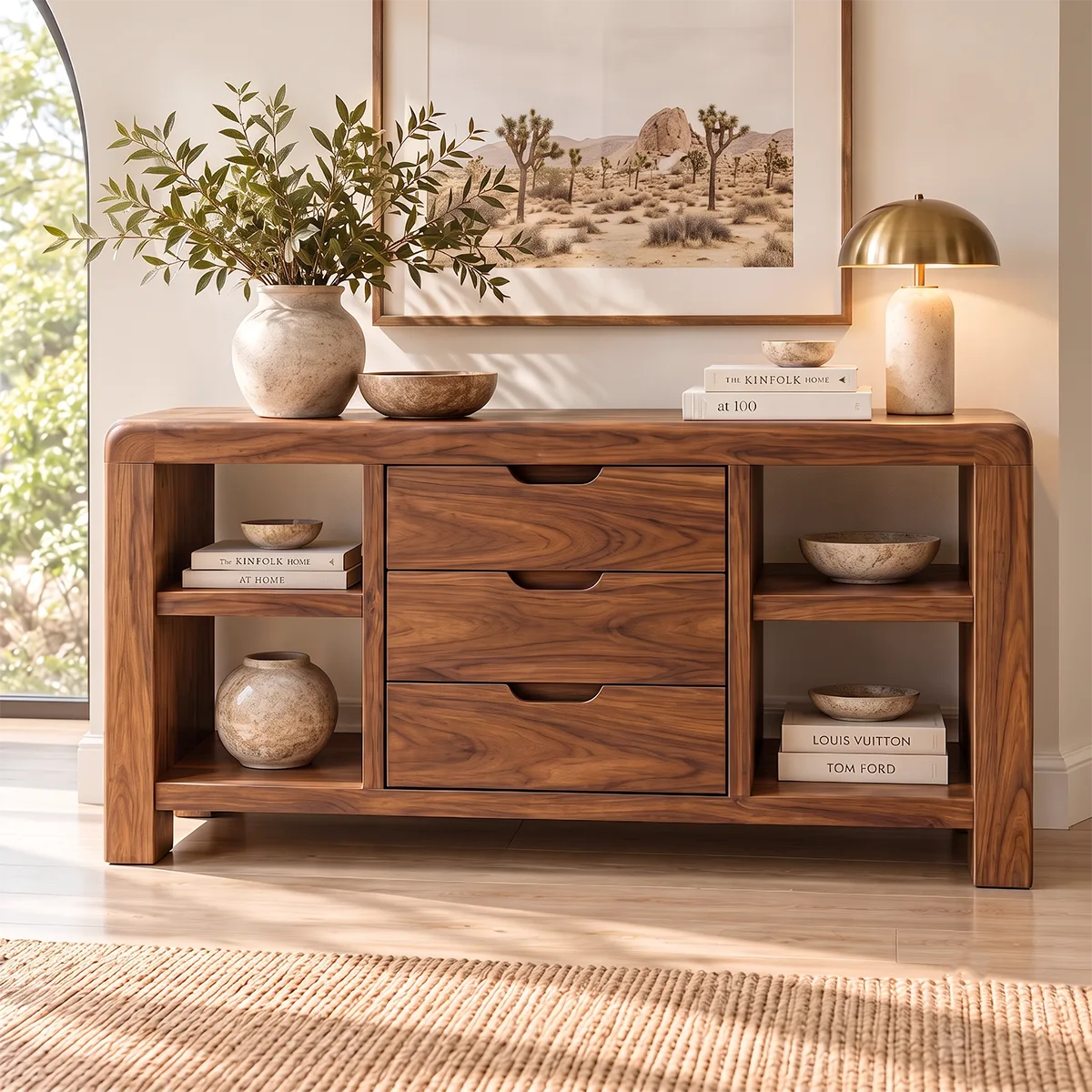 Modern Sideboard with 3 Drawers and 4 Open Shelves | Rounded Storage Console HG021-9VPB8MA