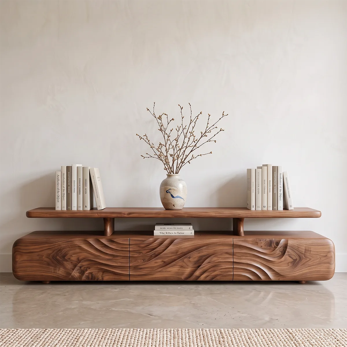 Modern TV Stand with Wave Front Doors | Contemporary Media Console with Open Display Shelf HG021-2DTK5LB