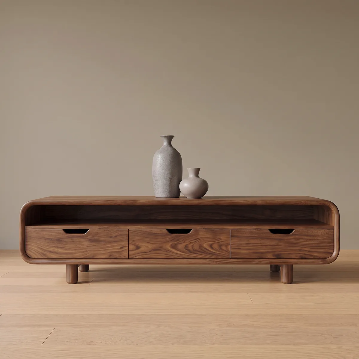 Rounded Wood TV Stand with 3 Drawers | Modern Media Console HG021-6RPM7IQ