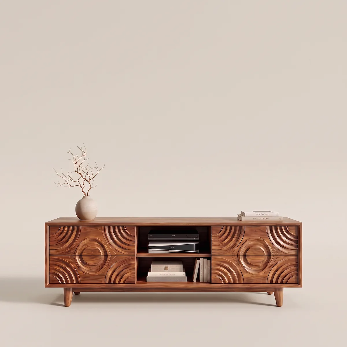 Geometric Carved Wood TV Stand with Drawers & Open Shelves | Modern Media Console HG021-4AVP4BD