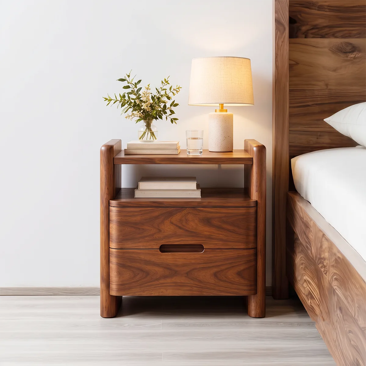 Modern 2-Drawer Nightstand with Open Shelf | Rounded Bedside Table with Recessed Handles HG021-8JCL2CB