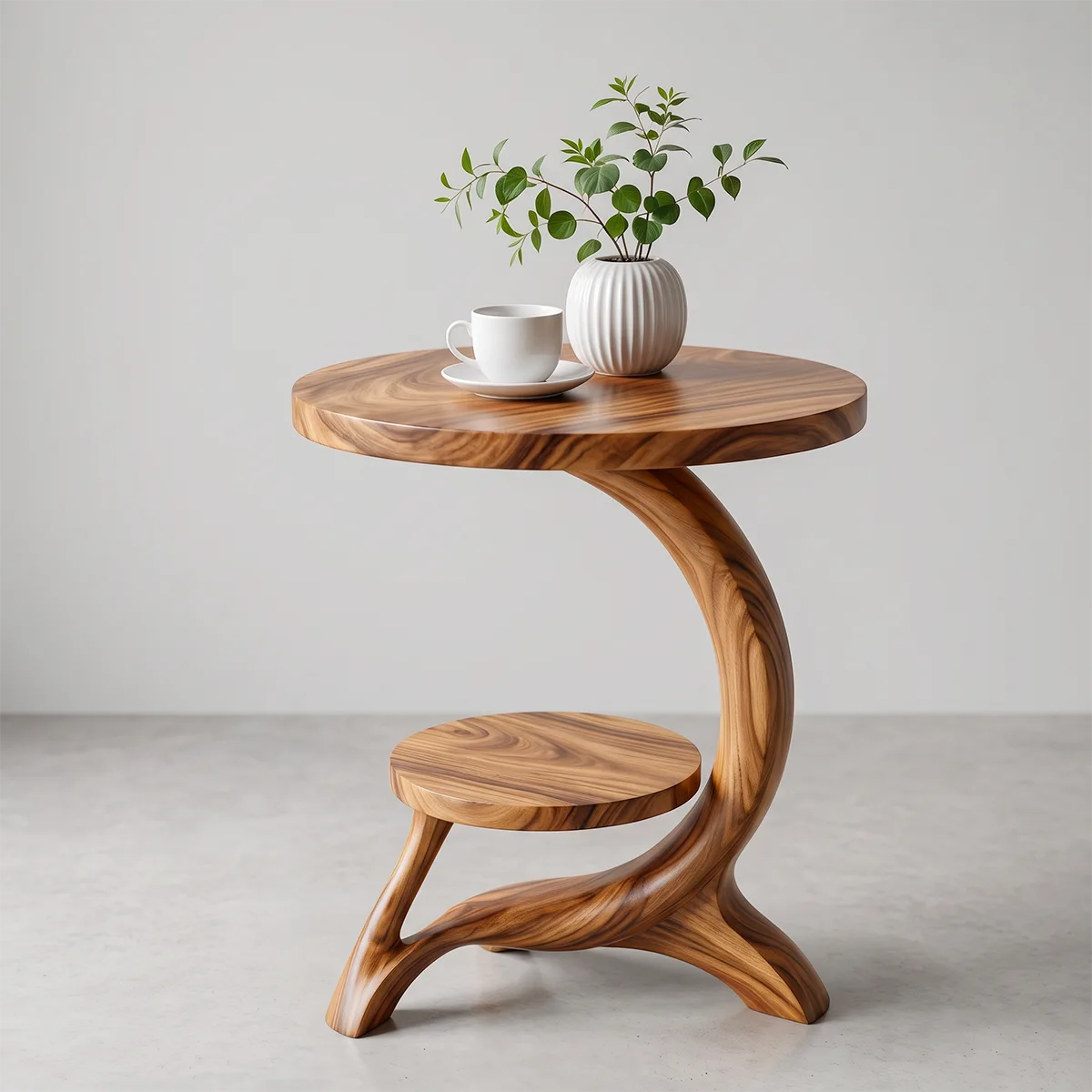 Modern Round End Table with Sculptural Base | Contemporary Accent Side Table with Display Shelf HG021-2HEU5KL