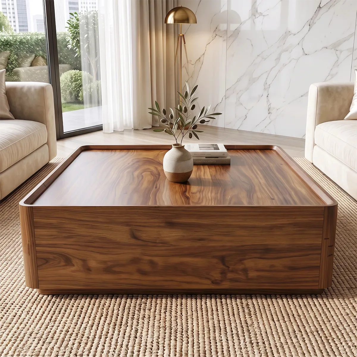 Square Coffee Table with Hidden Storage Drawer | Modern Low Profile Center Table HG021-5UQU1VD