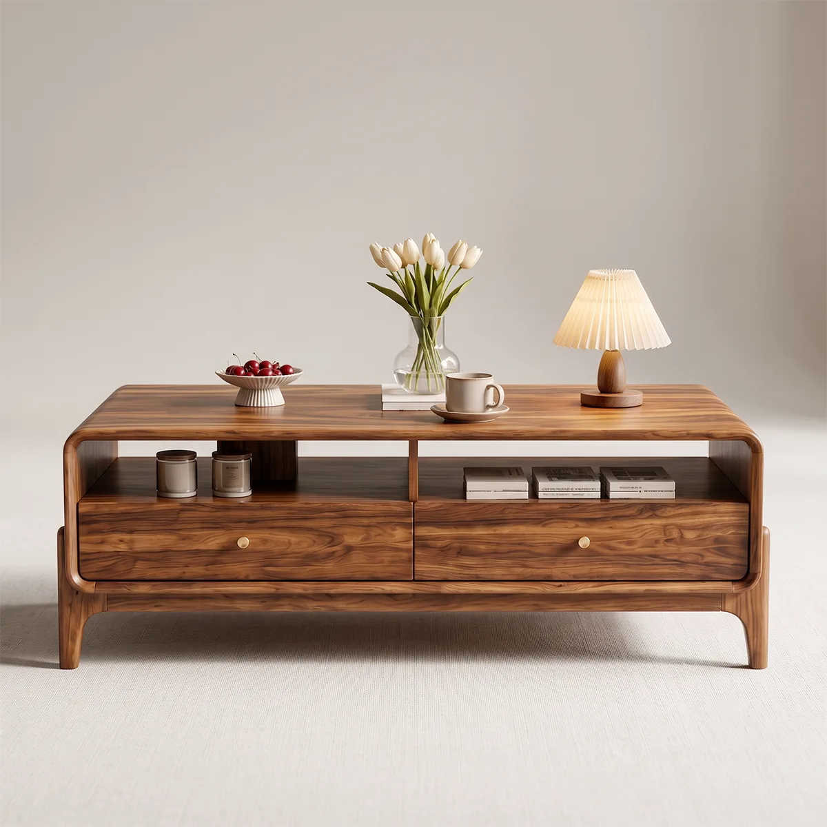 Wood Coffee Table with 2 Drawers & Open Shelves | Mid Century Modern Rectangular Living Room Table HG021-8XOV9MG