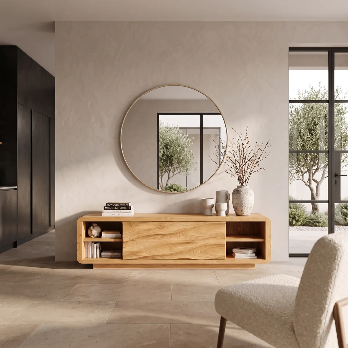 Modern Sideboard with Open Shelves and Concealed Center Storage | Rounded Low Cabinet HG021-9MGF3LT
