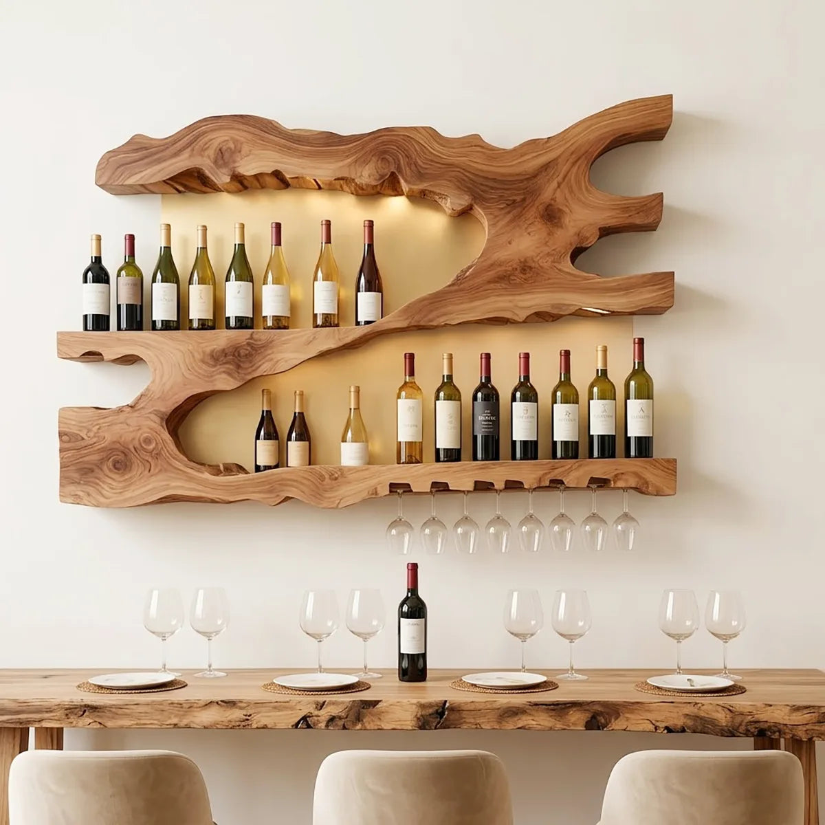 Live Edge Solid Wood Wall Wine Rack for Home Bars & Wine Lovers HG021-4091