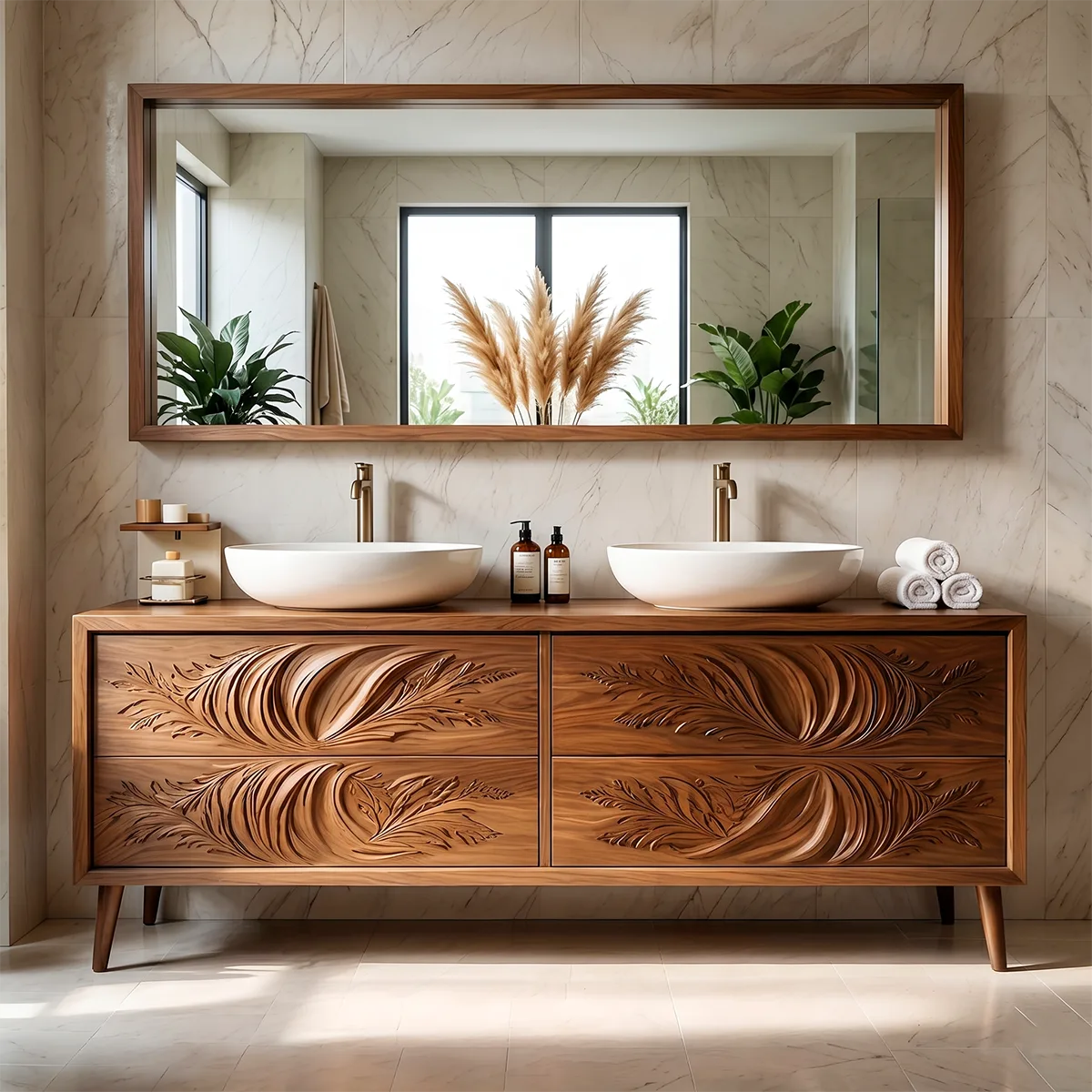 Floral Carved Double Vanity Cabinet for Modern Bathrooms HG021-1886