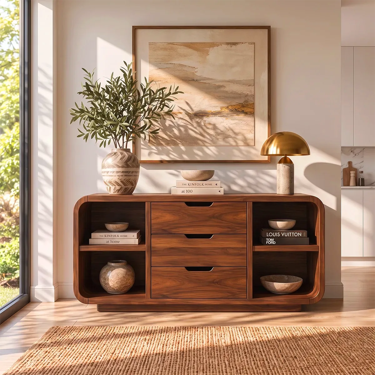 Rounded Sideboard with 3 Drawers and 4 Open Shelves | Modern Storage Cabinet HG021-1MUL6EE