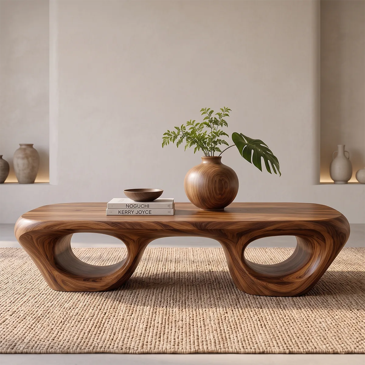Sculptural Wood Coffee Table with Hollow Loop Base | Organic Modern Rectangular Center Table HG021-2FVS9KF