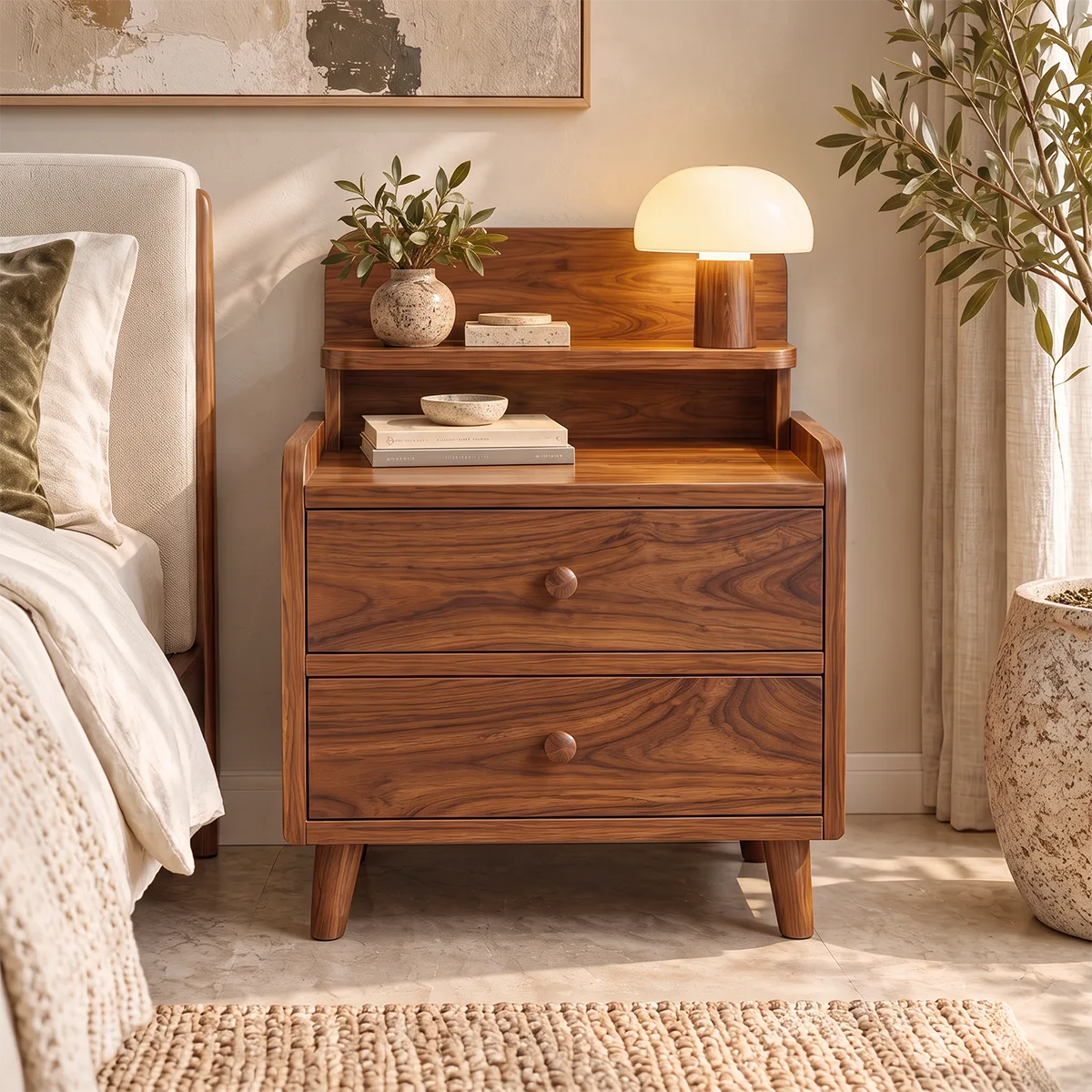 2-Drawer Nightstand with Open Shelf | Mid-Century Bedside Table with Raised Top HG021-8VLX2RD