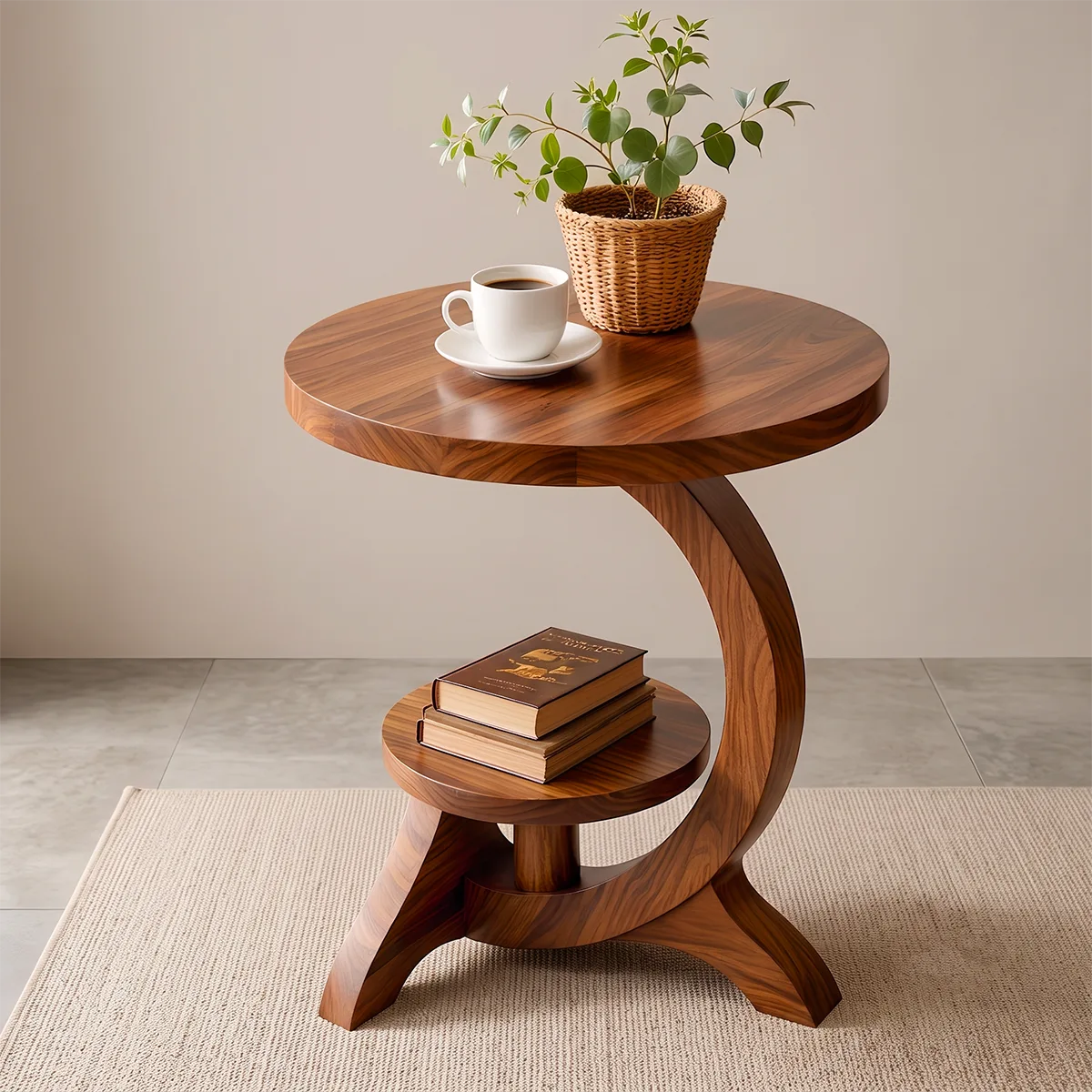 Modern Round End Table with Display Shelf | Sculptural Accent Side Table for Living Room HG021-6ZBM8JM