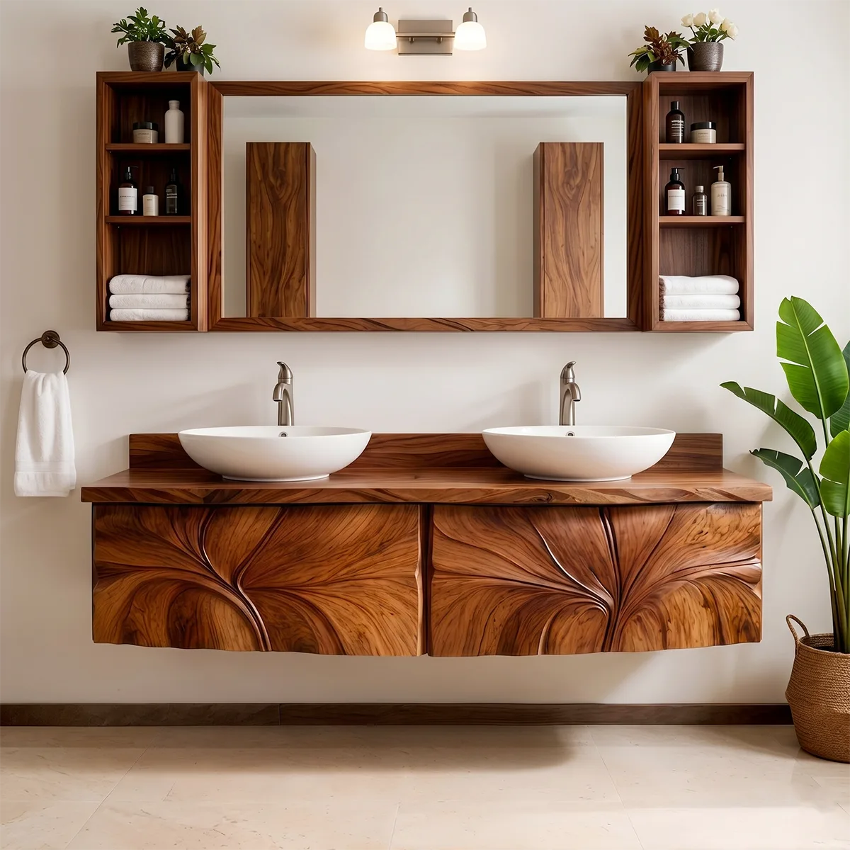 Modern Floating Bathroom Vanity with Sculptural Floral Carved Doors HG021-1209