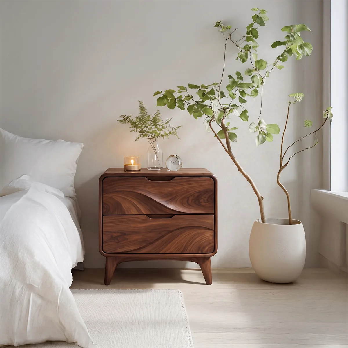 Sculptural Wave 2-Drawer Nightstand | Modern Bedside Table with Carved Drawer Fronts HG021-5AYQ3CA