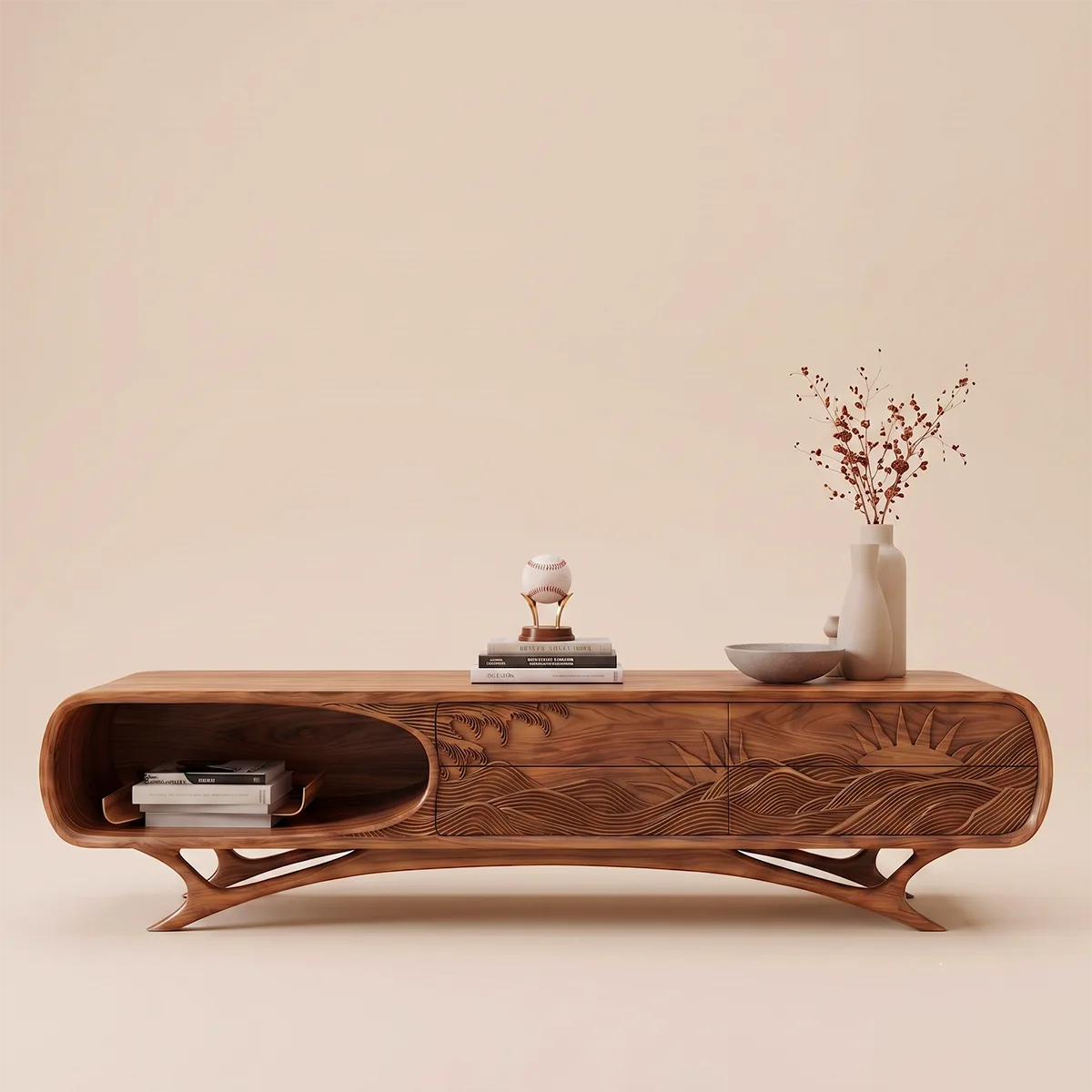 Sunrise Landscape Carved Wood TV Stand with Curved Frame | Sculptural Media Console HG021-2WSZ4IX