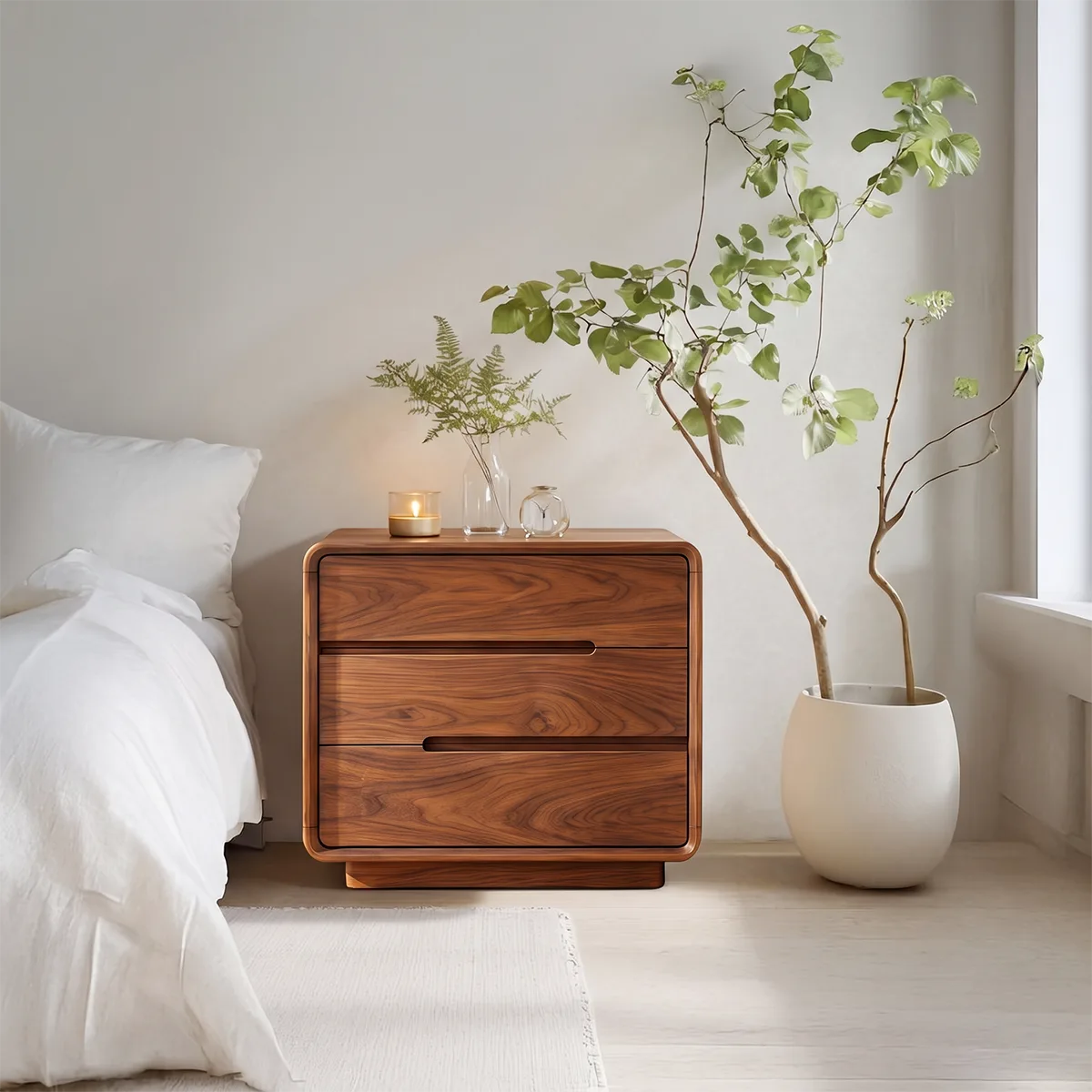 Modern 3-Drawer Nightstand | Rounded Corner Bedside Table with Recessed Handles HG021-1BHP5HK
