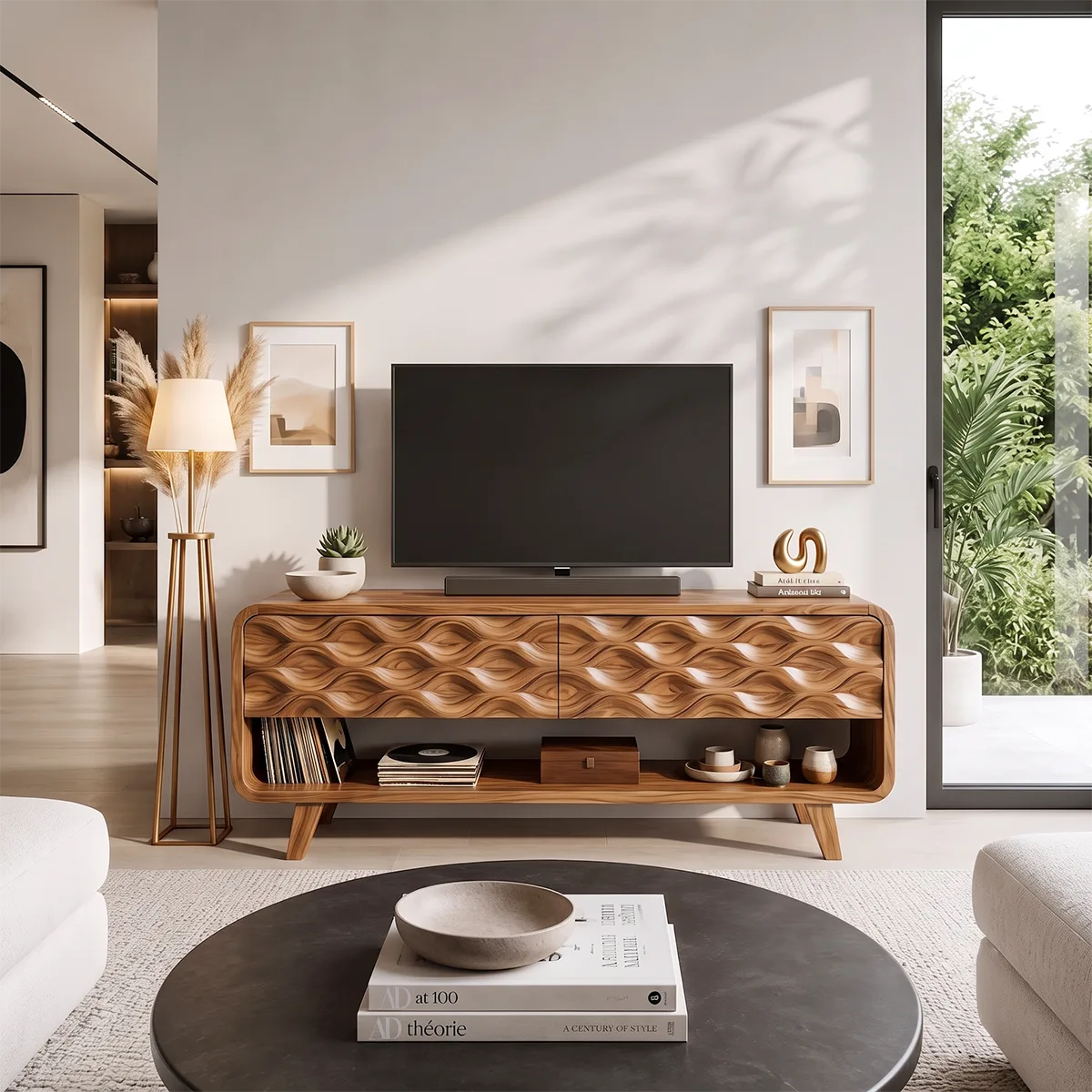 Modern TV Stand with Wave Front Doors | Contemporary Media Console with Open Storage HG021-4RXJ3SK