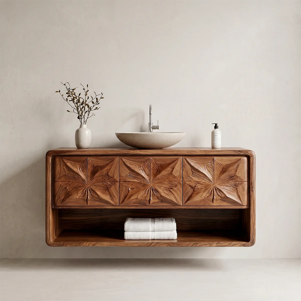 Geometric Leaf Carved Bathroom Vanity with Open Storage HG021-8975