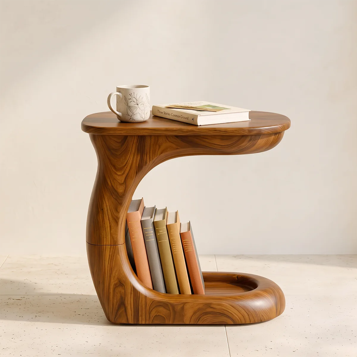 Modern C-Shaped End Table with Book Storage | Sculptural Sofa Side Table for Living Room HG021-7EFE3WW