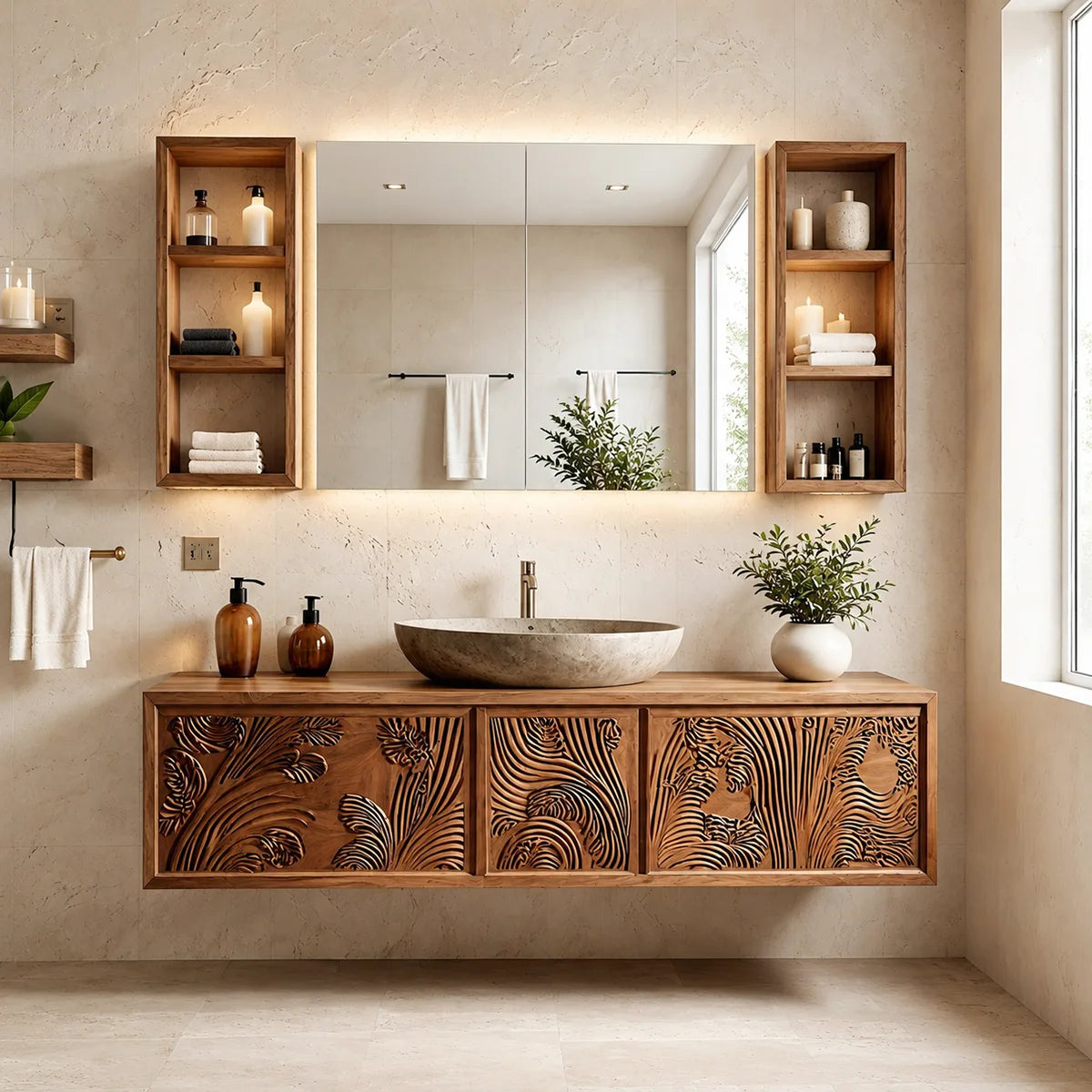 Carved Floating Bathroom Vanity | Modern Decorative Bathroom Cabinet HG021-7739