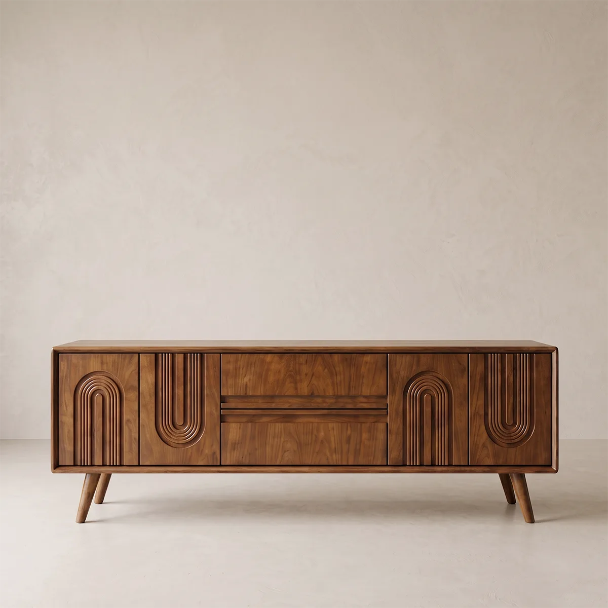 Fluted Arch Wood TV Stand with Drawers & Cabinets | Mid-Century Media Console HG021-6ZXL7DZ