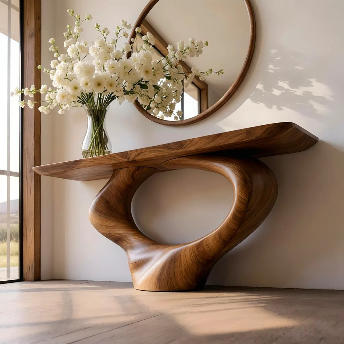 Sculptural Wood Console Table, Organic Modern Entryway Table