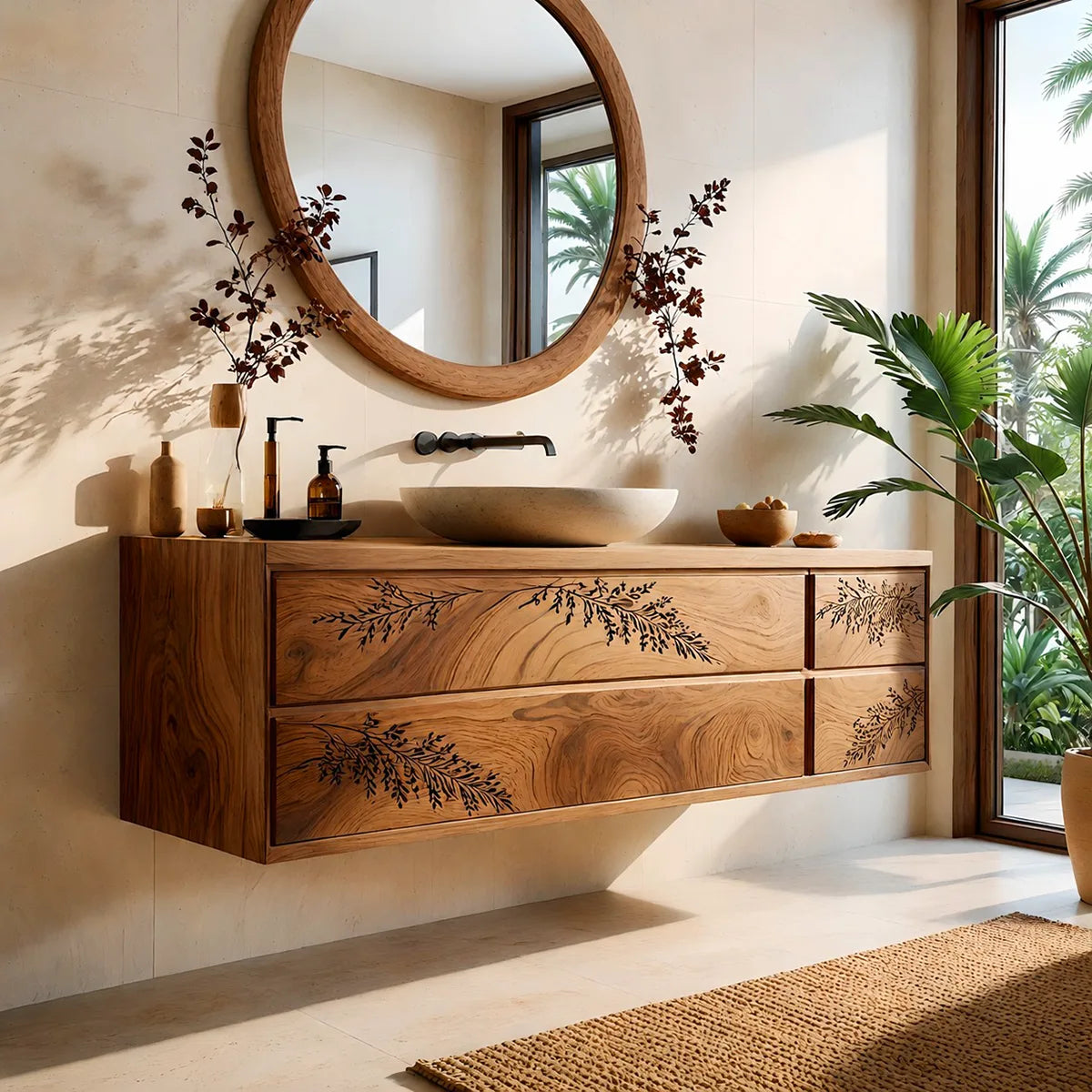 Floating Bathroom Vanity | Nature Inspired Wall Mounted Bathroom Cabinet HG021-6223