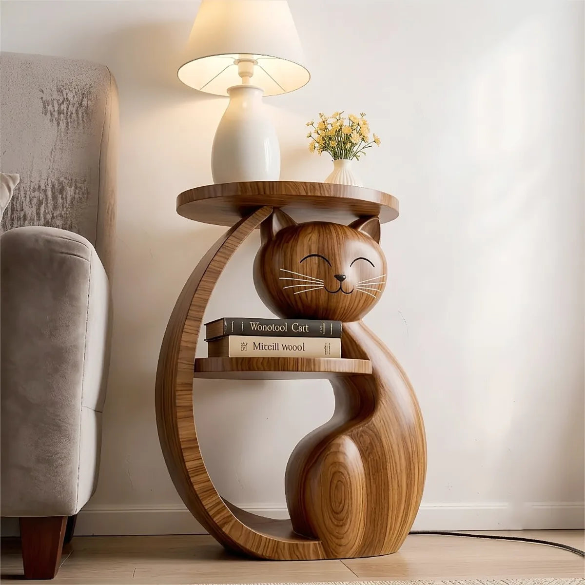 Whimsical Solid Wood Cat Side Table for Living Rooms & Cat Lovers HG021-4574