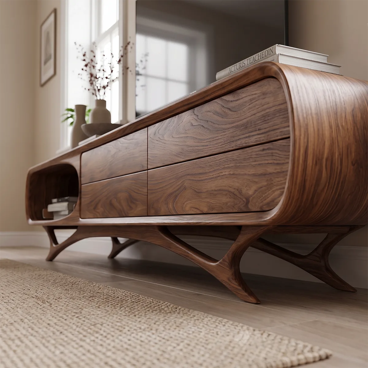 Curved Wood TV Stand with Drawers & Open Shelf | Modern Media Cabinet HG021-3QWT2KN