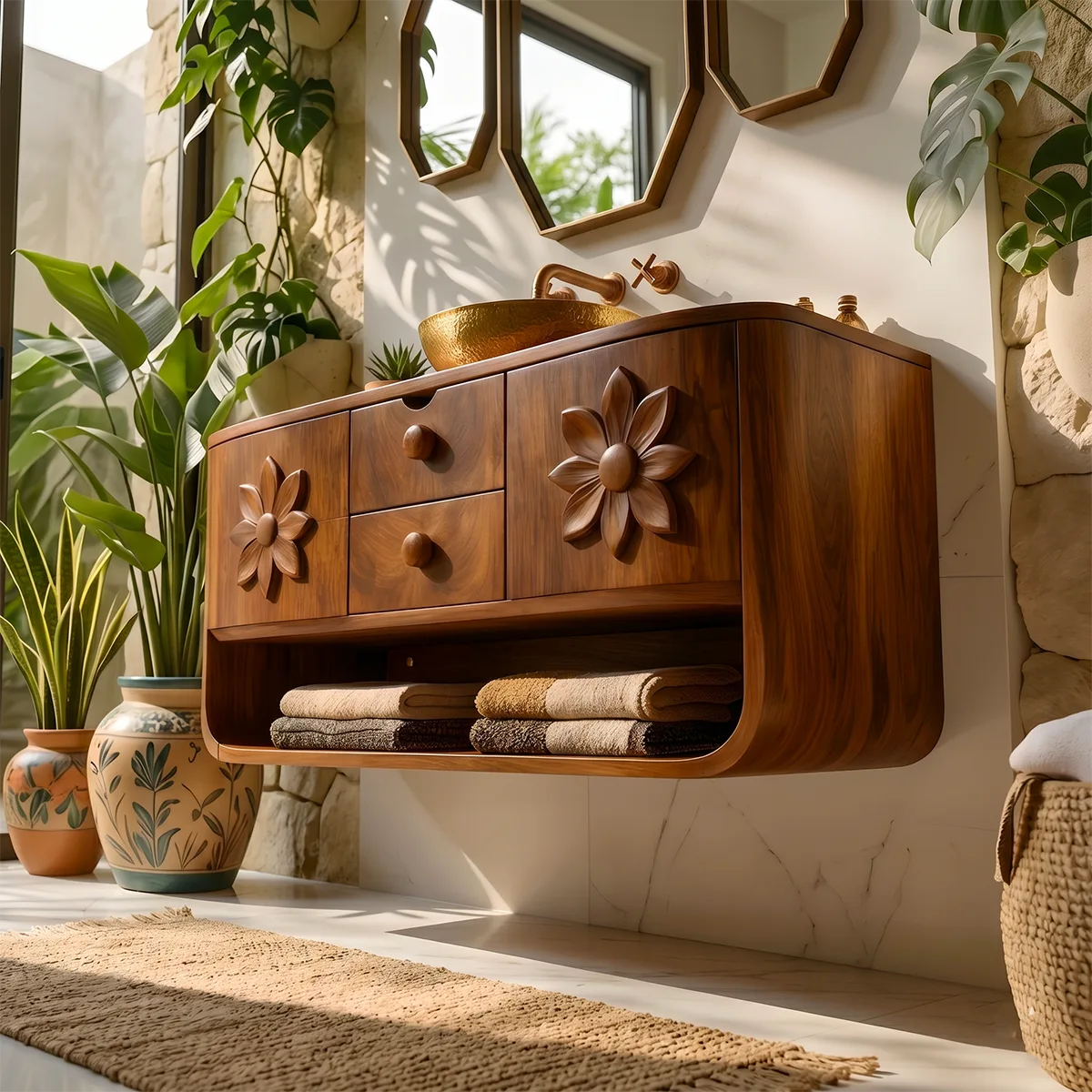 Floating Solid Wood Bathroom Vanity | Floral Carved Wall Mounted Vanity Cabinet with Open Shelf HG021-1071