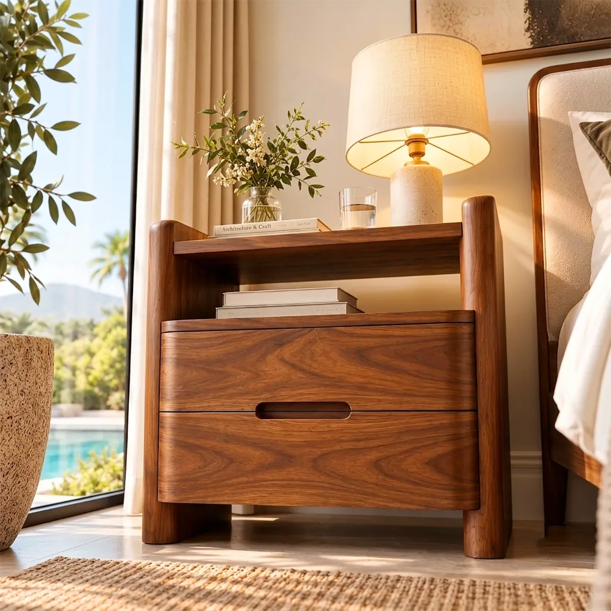Modern 2-Drawer Nightstand with Open Shelf | Rounded Bedside Table with Recessed Handles HG021-8JCL2CB