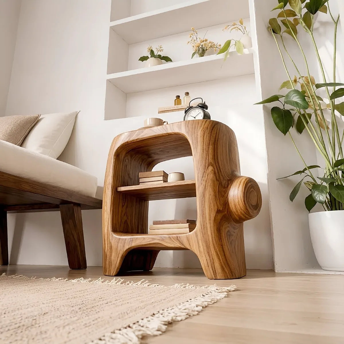 Sculptural Solid Wood Side Table for Cozy Living Rooms, Bedrooms & Minimalist Homes HG021-7055