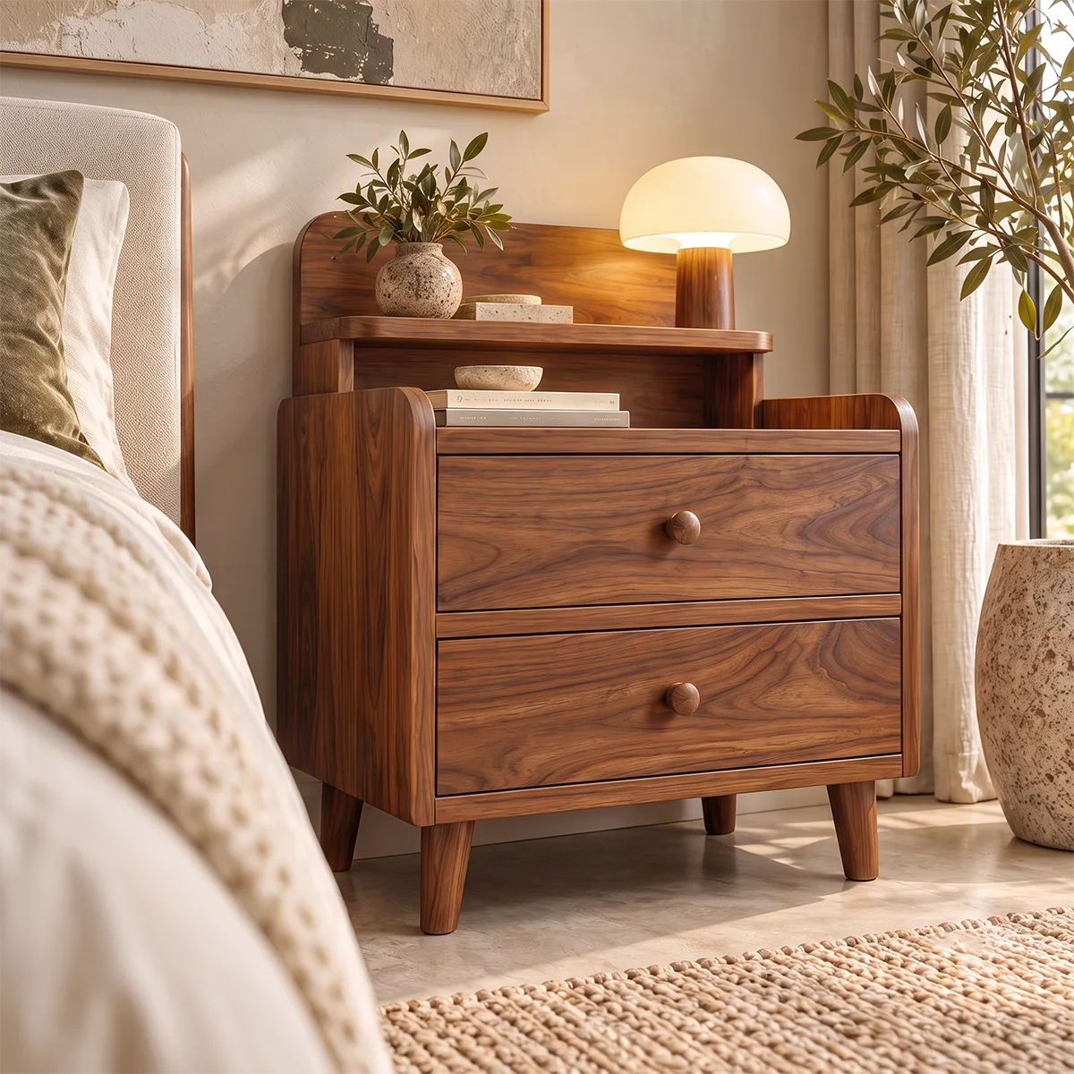 2-Drawer Nightstand with Open Shelf | Mid-Century Bedside Table with Raised Top HG021-8VLX2RD