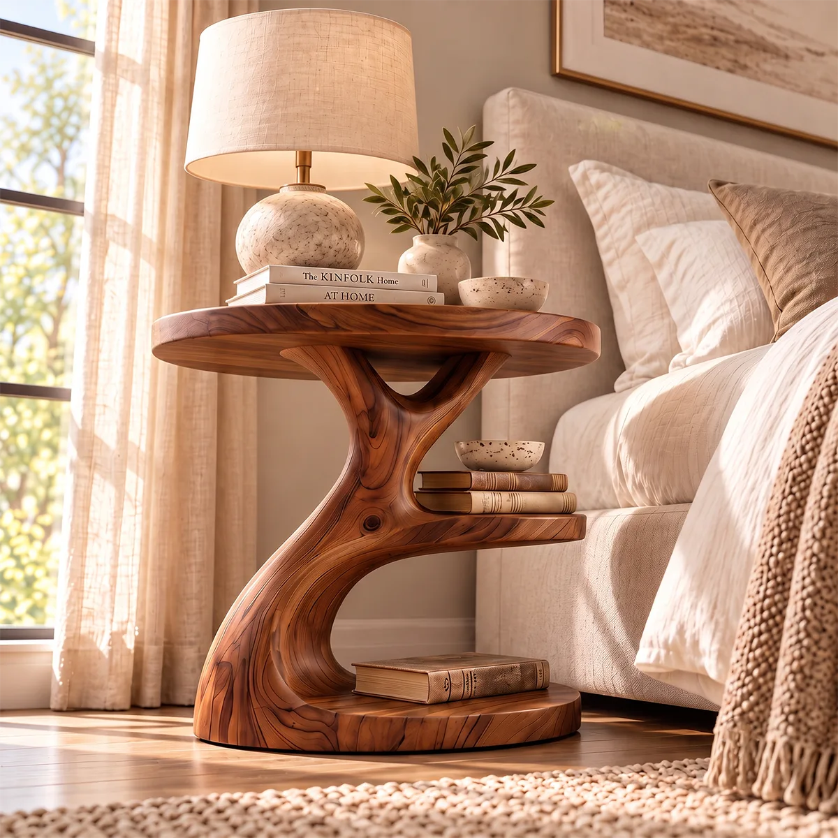 Sculptural Round Nightstand with Open Shelves | Organic Modern Bedside Table HG021-8JBT7TE
