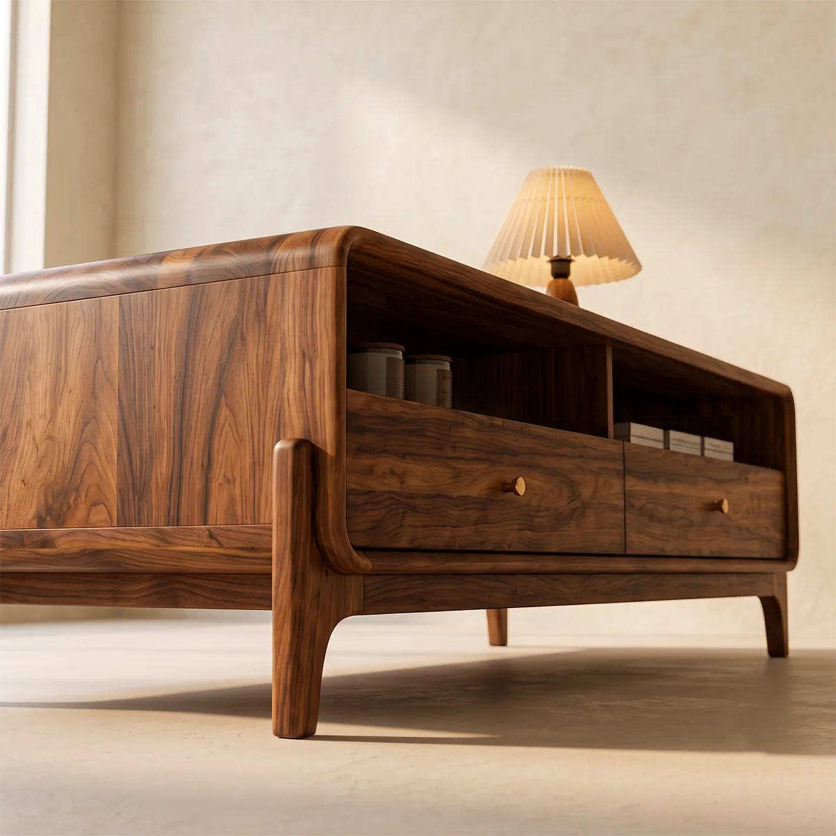 Wood Coffee Table with 2 Drawers & Open Shelves | Mid Century Modern Rectangular Living Room Table HG021-8XOV9MG