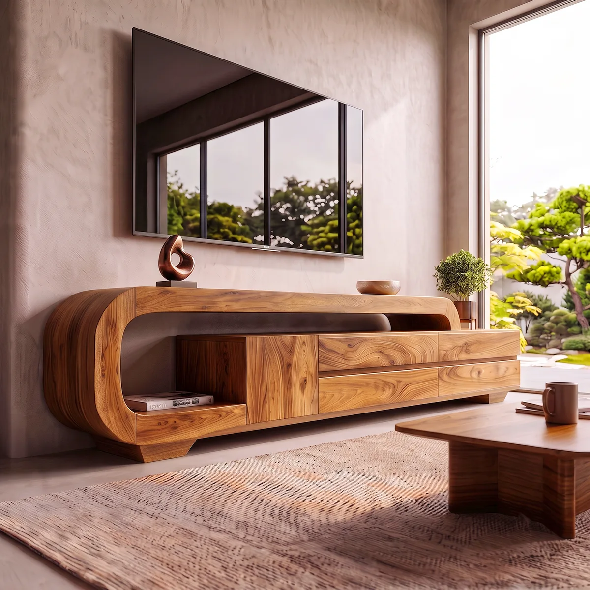 Curved Wood TV Stand with Drawers & Storage | Modern Media Cabinet HG021-1SBA3RR