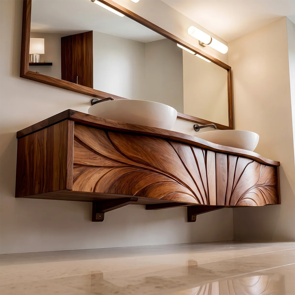Luxury Double Sink Floating Bathroom Vanity with Sculptural Carved Design HG021-2639