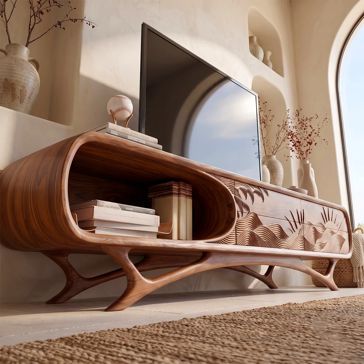 Sunrise Landscape Carved Wood TV Stand with Curved Frame | Sculptural Media Console HG021-2WSZ4IX
