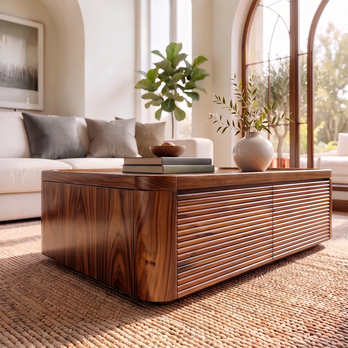 Fluted Coffee Table with 2 Storage Drawers | Modern Rectangular Center Table HG021-5QVK8NI