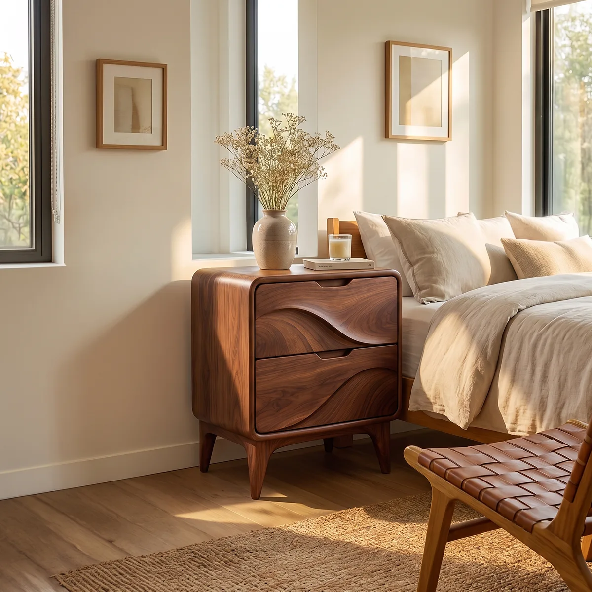 Sculptural Wave 2-Drawer Nightstand | Modern Bedside Table with Carved Drawer Fronts HG021-5AYQ3CA