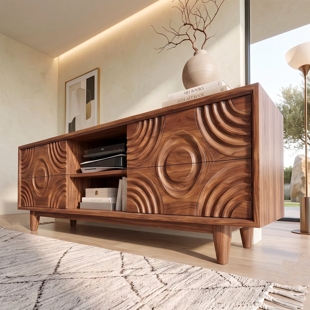 Geometric Carved Wood TV Stand with Drawers & Open Shelves | Modern Media Console HG021-4AVP4BD