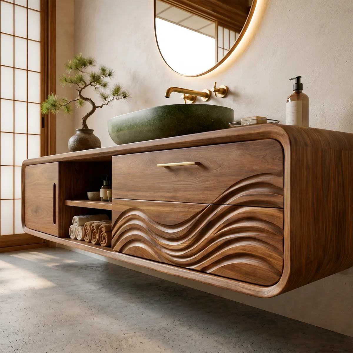 Modern Floating Bathroom Vanity with Sculptural Wave Door Design HG021-2980