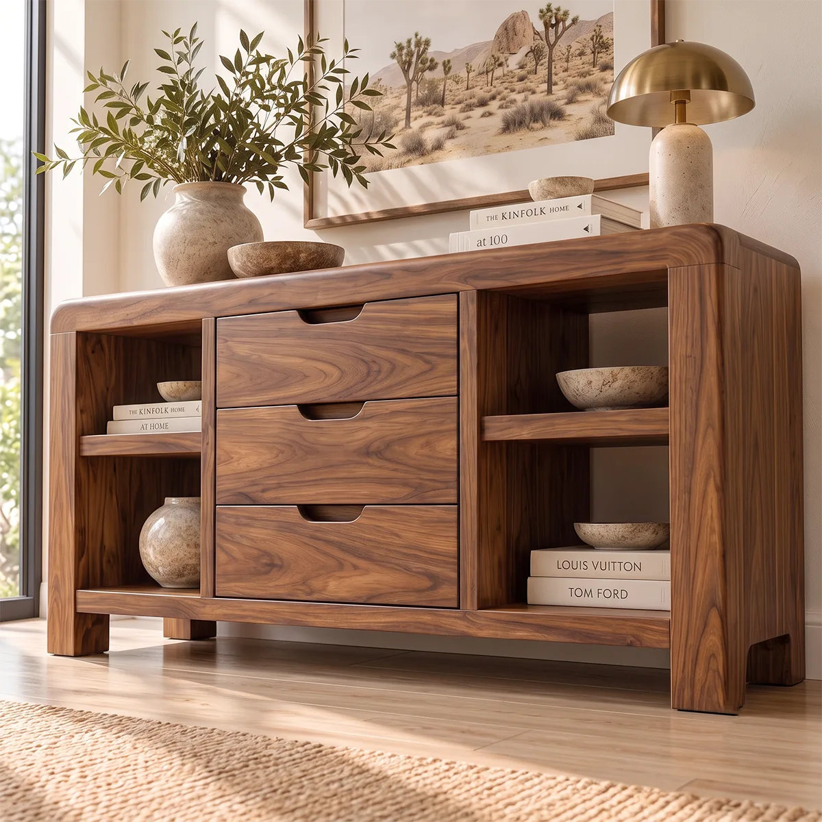 Modern Sideboard with 3 Drawers and 4 Open Shelves | Rounded Storage Console HG021-9VPB8MA