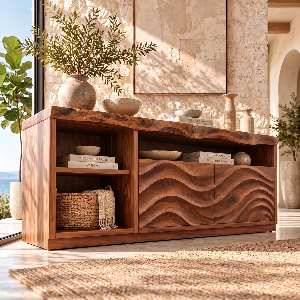 Sculptural Wave Sideboard with 2 Cabinet Doors and Open Shelves | Modern Storage Cabinet HG021-4LWU7BC
